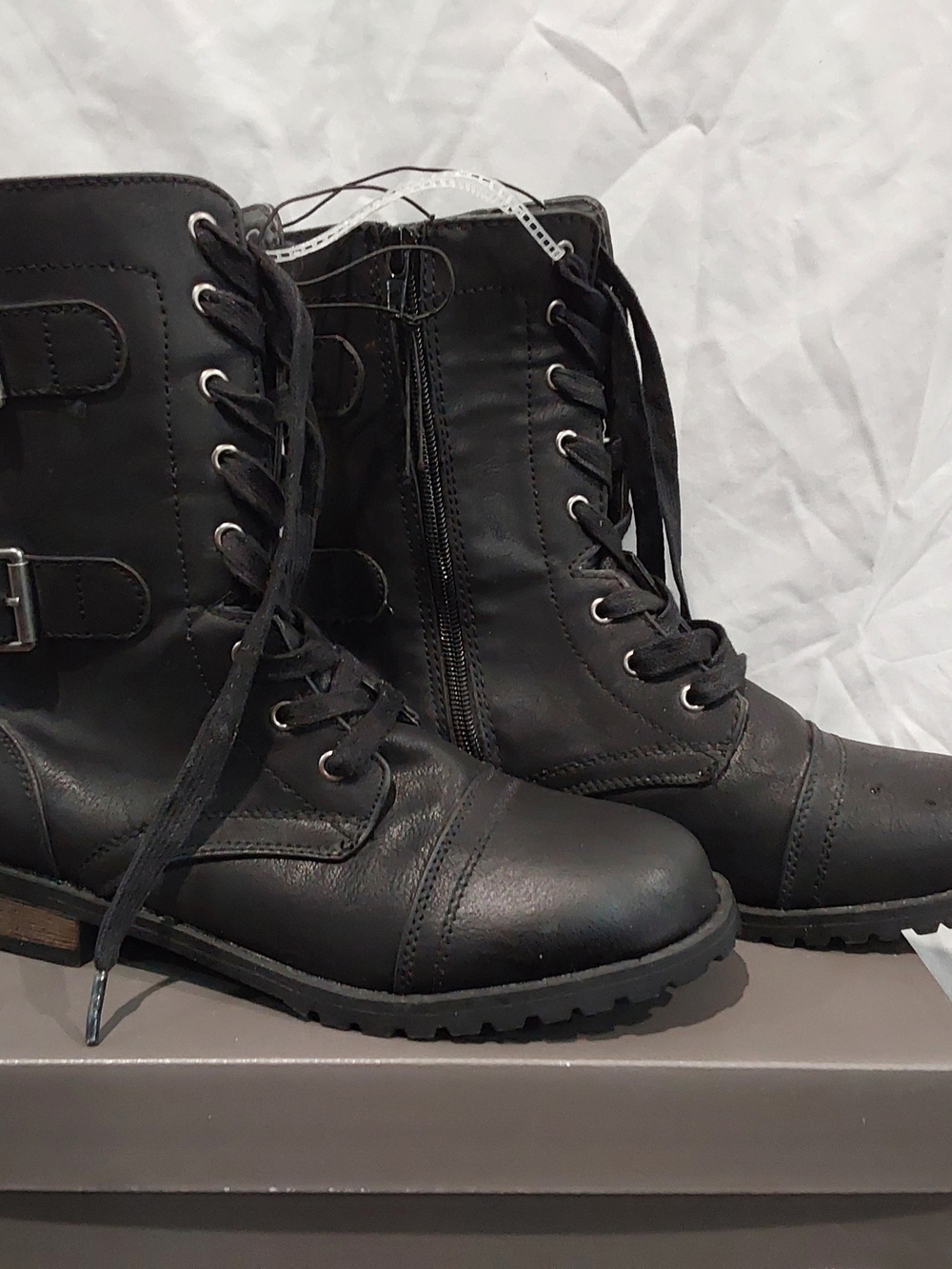 Women's Black Lace-Up Ankle Boots with Side Zip and Buckle Accent
